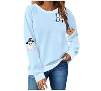 Maglione traspirante da donna per Halloween, leggero girocollo grafico, perfetto per stratificazione, carino streetwear stagionale da donna oversize autunno inverno felpe, blu cielo, S