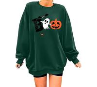 Maglione vintage da donna per Halloween, pullover con stampa grafica retrò, morbido tessuto traspirante, vestibilità rilassata, felpa casual da donna calda felpa basic, Verde scuro, L