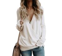 BTFONIA Maglioni avvolgenti con Scollo a V Profondo da Donna Maniche Lunghe Incrociati sul Davanti Larghi Lavorati a Maglia Top Autunnali e Invernali(White,L)