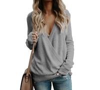 BTFONIA Maglioni avvolgenti con Scollo a V Profondo da Donna Maniche Lunghe Incrociati sul Davanti Larghi Lavorati a Maglia Top Autunnali e Invernali(Gray,L)