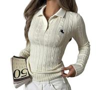 Maglioni Classici Autunnali da Donna, Stile Semplice E Rilassato, con Ricami Intrecciati, Scollo A V Vintage, Maniche Lunghe(White,S)