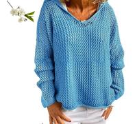 Maglioni con Cappuccio Traforati all'Uncinetto da Donna, Maglia con Cappuccio a Maniche Lunghe e Spalle cadenti(Blue,M)