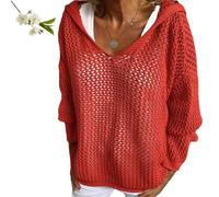 Maglioni con Cappuccio Traforati all'Uncinetto da Donna, Maglia con Cappuccio a Maniche Lunghe e Spalle cadenti(Red,M)