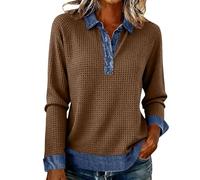 Maglioni da donna a maniche lunghe con colletto lavorato a maglia accogliente patchwork denim top felpa con scollo a V camicia in denim da donna, Marrone, L