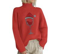 Maglioni da donna in maglia calda maglieria da donna casual collo alto cuciture Natale stampato maglione maglia felpa festa costume abiti di Natale regali, Rosso, L