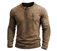 Maglioni da uomo Polo a maniche lunghe da uomo camicia con colletto Henry Button Up T-shirt da uomo vintage color lavato top vestiti primaverili magliette casual alla moda, Khaki-b, M