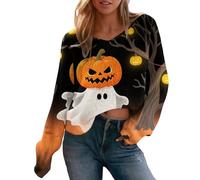 Maglioni di Halloween per le donne maglioni lavorati a maglia da donna scollo a V retrò stampa completa Halloween stile carino casual maglione camicetta per casa all'aperto regali per feste, Arancione