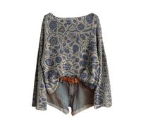 Maglioni Donna Vintage Stampa Floreale Boemia Maglione Over Maglia Chic ed Elegante Girocollo Manica Lunga Felpa Modello Jacquard Top Oversize Casual Abbigliamento 2025 Donna Casual, 1-blu, M