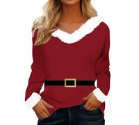 Maglioni natalizi da donna con bordo in finta pelliccia, novità natalizia, tinta unita, scollo a V, a maniche lunghe, per vacanze, comodi, invernali, casual, eleganti, vestibilità ampia, Cintura rossa