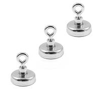 Magnetastico® | 3 pezzi magneti con occhiello in neodimio N35 25 mm Ø | Forza di tenuta 22.0 kg | 3 pezzi magneti in neodimio molto potenti con base e eyebolt, zincato