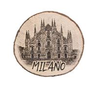 Magnete, calamaita, regalo, souvenir decorativo su fetta di tronco di legno 6,5x7,5 cm, con Milano, Lombardia, Madonnina, Duomo (Legno di lauroceraso)