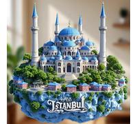 Magnete con contorno senza cornice a forma di isola, con rilievo della Moschea Blu di Istanbul, con sei minareti, cupole e dettagli ottomani, con il testo dorato in rilievo "Istanbul" - Un panorama sa