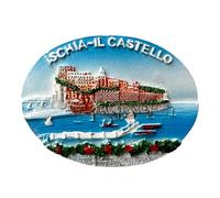 Magnete Decorativo Ischia-Il Castello, Souvenir in Resina 3D, Veduta Panoramica del Castello Aragonese, Paesaggio Marino con Barche
