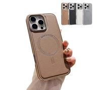 Magnetic Charging Leather Case for iPhone, Luxurious Business Genuine Leather Phone Case, Support Wireless Charging Magnetic Cover for iPhone 16/15/14/13 Promax (for iPhone 15,Gold)