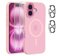 Magnetic Cover per iPhone 16 Compatibile con 2 vetri temperati e 2 vetri per fotocamera, Translucent Matte Slim Back PC+TPU Bumper Shockproof - Rosa chiaro