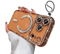 Magnetic Glitter Case for iPhone 17 Pro Max,Clear Bling Rhinestone Sparkly Phone Case with MagSafe Camera Lens Protector, Shockproof TPU Bumper Cover for Women Girls (For iPhone 15Pro,Orange)
