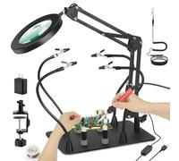 Magnetic Helping Hands Soldering Third Hand, Flexible 5X & 10X Magnifying Glass with Light and Stand, Large Base & Clamp Magnifying Lamp, Soldering Arms for Soldering Craft Hobby