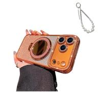 Magnetic Luxury Glitter Case with Makeup Mirror for iPhone 17 16 15, Bling Diamond Rhinestone Case for Women, Built-in Kickstand&Camera Protector, Slim Sparkly Protective Cover (16,Orange PRO)