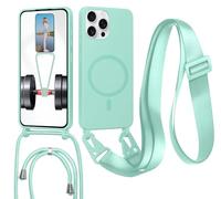 Magnetica Cover con Cordino per iPhone 14 Pro,[Compatibile con MagSafe], Cover in Silicone, Regolabile Cordino da Collo Nylon Catena Collana Tracolla,Verde chiaro