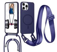 Magnetica Cover con Cordino per iPhone 15 Pro Max,[Compatibile con MagSafe], Cover in Silicone, Regolabile Cordino da Collo Nylon Catena Collana Tracolla,Blu