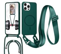 Magnetica Cover con Cordino per iPhone 15 Pro Max,[Compatibile con MagSafe], Cover in Silicone, Regolabile Cordino da Collo Nylon Catena Collana Tracolla,Verde