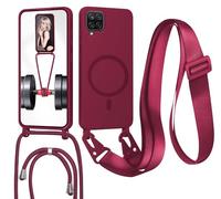 Magnetica Cover con Cordino per Samsung Galaxy A12 4G/A12 5G,[Compatibile con MagSafe], Cover in Silicone, Regolabile Cordino da Collo Nylon Catena Collana Tracolla,Rosso