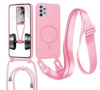 Magnetica Cover con Cordino per Samsung Galaxy A53,[Compatibile con MagSafe], Cover in Silicone, Regolabile Cordino da Collo Nylon Catena Collana Tracolla,Rosa