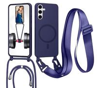 Magnetica Cover con Cordino per Samsung Galaxy A55,[Compatibile con MagSafe], Cover in Silicone, Regolabile Cordino da Collo Nylon Catena Collana Tracolla,Blu