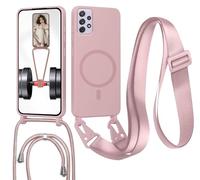 Magnetica Cover con Cordino per Samsung Galaxy A72 5G,[Compatibile con MagSafe], Cover in Silicone, Regolabile Cordino da Collo Nylon Catena Collana Tracolla,Colore Lotus