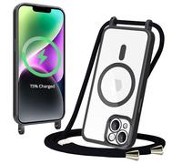 Magnetisch Handykette für iPhone 14 Hülle mit Band, Necklace HandyHülle Transparent zum Umhängen mit Kordel abnehmbare Stoßfest Schutzhülle kompatibel mit MagSafe Clear Cover, Schwarz