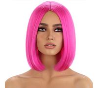 MAGQOO Parrucca da donna rosa shocking rosa shocking corto dritto magenta parrucca con riga centrale sintetica resistente al calore, parrucca per cosplay e feste in costume