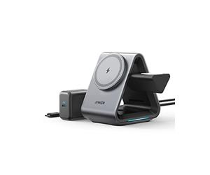 MagSafe, Anker 737 MagGo Charger (stazione 3 in 1) con ricarica rapida 15 W Max certificata MFi, per iPhone 14/13/12 Series, Apple Watch S8/7/6, AirPods 3/Pro (caricatore USB-C 30 W incluso)