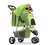 Magshion Passeggino pieghevole a 3 ruote per cani e gatti, leggero, con cestino portaoggetti e portabicchieri, verde prato a pois