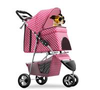 Magshion Passeggino pieghevole a 3 ruote per cani e gatti, leggero, con cestino portaoggetti e portabicchieri, rosa a pois