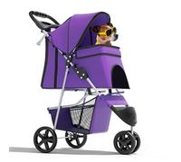 Magshion Passeggino pieghevole a 3 ruote per cani e gatti, leggero da viaggio, con cestino portaoggetti e portabicchieri, capacità 15,9 kg, viola