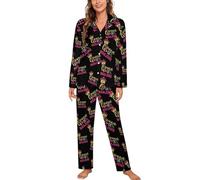 Mahjong Queen - Set pigiama da donna a maniche lunghe, con colletto cubano, 2 pezzi, Stile 5, M