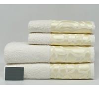 Mahome Set Asciugamani 4 Pezzi 450 Gr/m² 100% Cotone Italiano Artigianale con Balza in Jacquard | Set 2 Viso + 2 Ospite Morbidi Soffici Made in Italy (Dubai Panna)