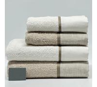 Mahome Set Asciugamani 4 Pezzi 450 Gr/m² 100% Cotone Italiano Artigianale con Balza in Lino | Set 2 Viso + 2 Ospite Morbidi Soffici Made in Italy (Beige Balza Lino)