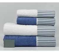 Mahome Set Asciugamani 4 Pezzi 450 Gr/m² 100% Cotone Italiano Artigianale con Balza in Percalle | Set 2 Viso + 2 Ospite Morbidi Soffici Made in Italy (Rigato Blu Mare)