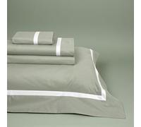 Mahome Set Lenzuola Matrimoniale in 100% Cotone Percalle 300 fili (TC) - Balza con Bordino - Lenzuolo con angoli 180x200x30, lenzuolo sopra 250x290, 2 federe con Volant 50x80 - Made in Italy (Oliva)