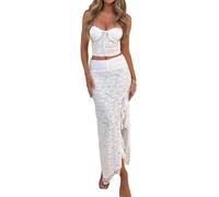 MAHUAOYIXI 2 Pezzi Completo Elegante Donna Tuta Aderente Trasparente Sexy Top Senza Maniche Corsetto Senza Spalline in Pizzo Ricamo Floreale Corto Top + Gonna Con Spacchi Lungo Sexy (Bianco, S)