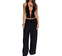 MAHUAOYIXI 2 Pz Completo Abbigliamento Tuta Donna Tracksuits Elegante Camicia Canottiere Senza Schiena Canotta Senza Maniche Top Corto Shirts + Pantaloni Lunghi a Gamba Larga Spiaggia (Nero, M)