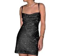 MAHUAOYIXI Abito Corto Donna Con Paillettes, Vestito Aderente Sexy Senza Maniche, Senza Spalline, Elegante Trasparente Bodycon Scollo a V Mini, Da Sera Casual Cocktail Festa (Nero, L)