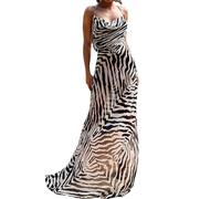 MAHUAOYIXI Abito Lungo Leopardato Donna Elegante da Cocktail Senza Spacco e Schienale, Maniche da Sera, Vestito Sexy per Festa (Zebra Stripe, M)
