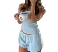 MAHUAOYIXI Due Pezzi Completo Elegante Pigiama Estivo Donna Corto Tuta Aderente Sexy Scollo a V Camisole Spaghetti Senza Maniche Canotta con Spalline Pantaloncini Cotone Loungewear (Z, S)