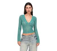 MAHUAOYIXI Maglietta a Manica Lunga Donna Sexy Manica Lunga Aderente con Scollo a V e Volant Che esce Ragazza Donna Crop Tops in Pizzo Ragazza Nero Top Aderente Shirt Corto Elegante (Verde A, M)