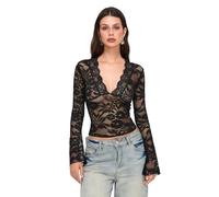 MAHUAOYIXI Maglietta a Manica Lunga Donna Sexy Manica Lunga Aderente con Scollo a V e Volant Che esce Ragazza Donna Crop Tops in Pizzo Ragazza Nero Top Aderente Shirt Corto Elegante (Nero B, M)