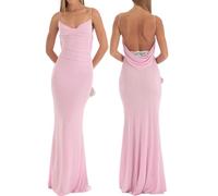 MAHUAOYIXI Vestito Lungo Donna Aderente Scollo a V Ragazza Vestito Estivo Senza Maniche Trasparente Senza Spalline Abito da Vestito Bodycon Elegante Abito da Cocktail Sera Casual Cerimonia (Rosa, S)