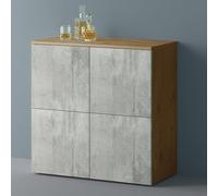 Mai & Mai Mobile Contenitore 76x36.4x74cm, Marrone chiaro+Calcestruzzo | Mobiletto Multiuso con 4 ante e 4 vani per Soggiorno, Sala da Pranzo, Camera da Letto Schrank04