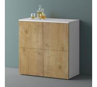 Mai & Mai Mobile Contenitore 76x36.4x74cm, Mobiletto Multiuso con 4 ante e 4 vani per Soggiorno, Sala da Pranzo, Camera da Letto Schrank04, Bianco opaco+Marrone chiaro